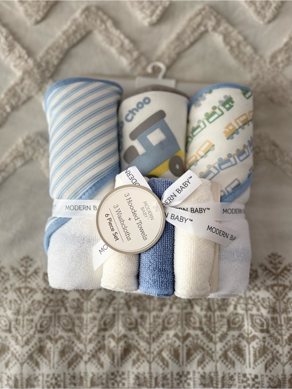 Modern Baby™ Blue Baby Hooded Towel & Washcloth Set - Blue & White unopened